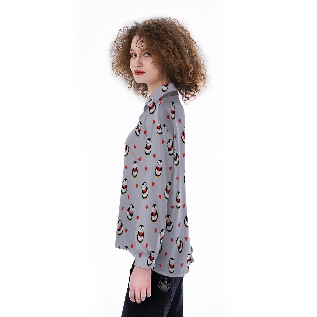 Penguin And Red Heart Print Pattern Women's Long Sleeve Shirts-grizzshop