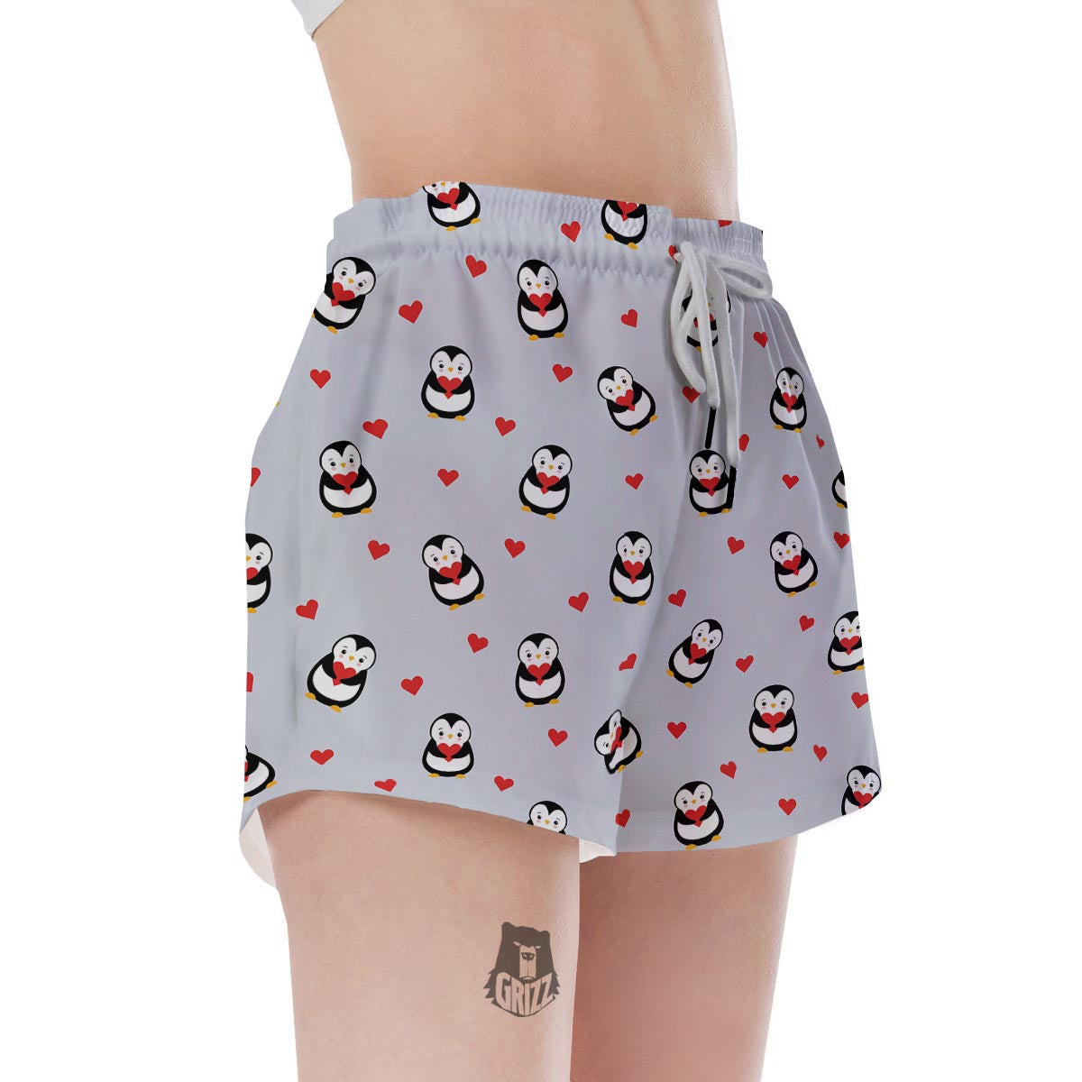 Penguin And Red Heart Print Pattern Women's Shorts-grizzshop