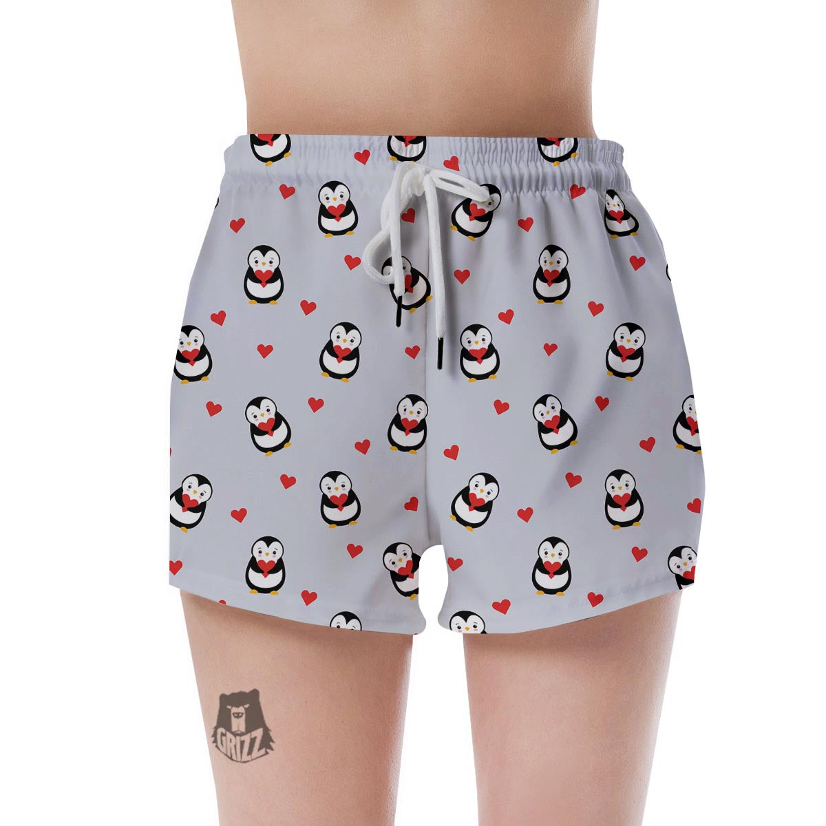 Penguin And Red Heart Print Pattern Women's Shorts-grizzshop