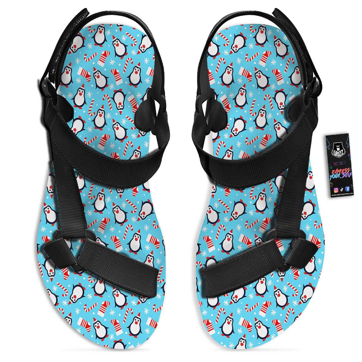 Penguin Christmas Santa Print Pattern Black Open Toe Sandals-grizzshop