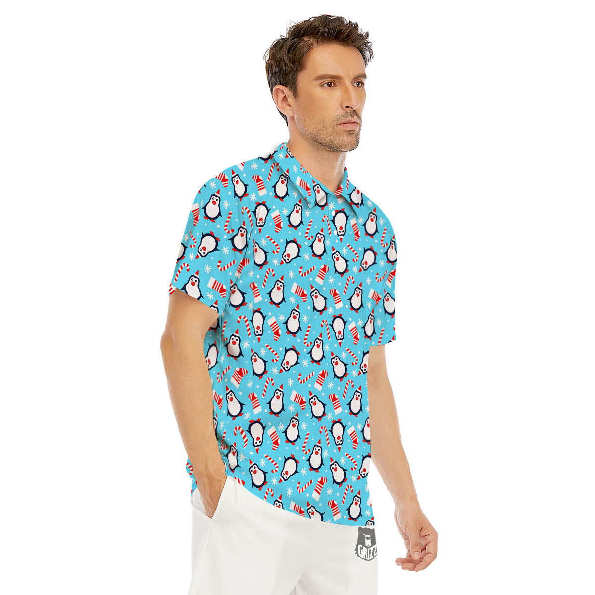 Penguin Christmas Santa Print Pattern Men's Golf Shirts-grizzshop