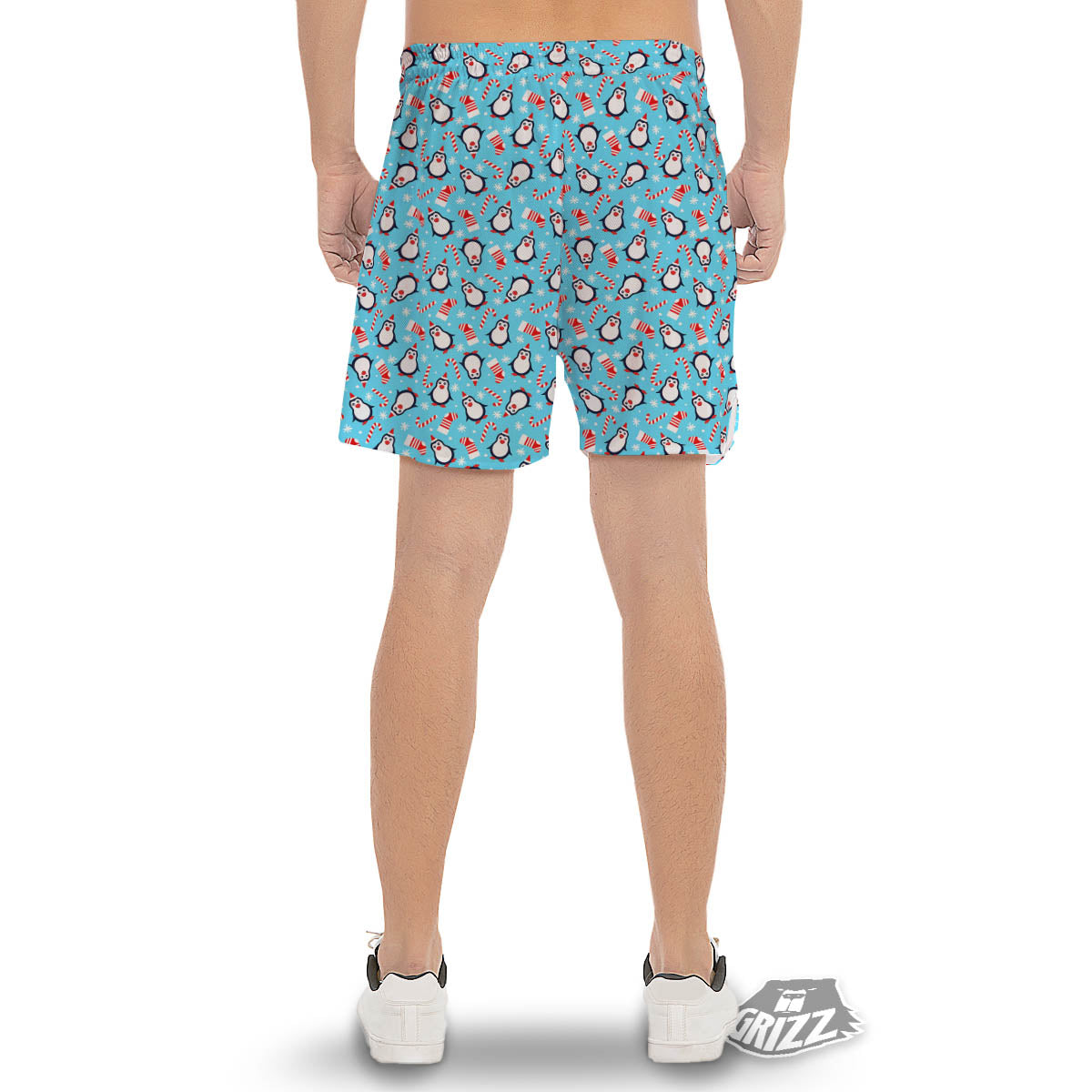 Penguin Christmas Santa Print Pattern Men's Gym Shorts-grizzshop