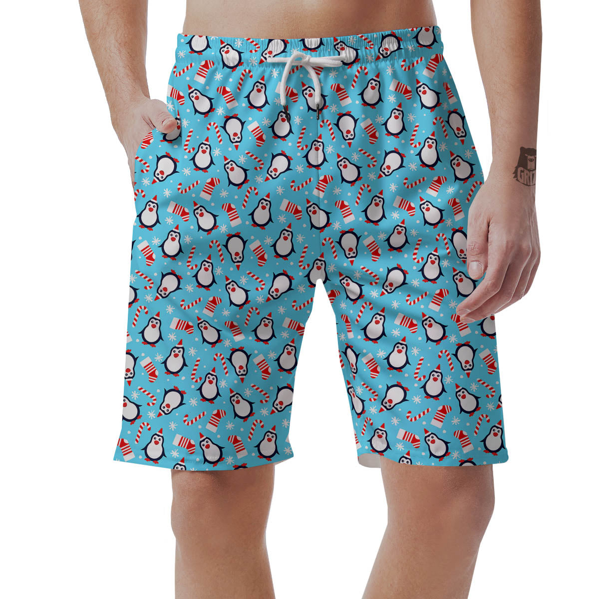 Penguin Christmas Santa Print Pattern Men's Shorts-grizzshop