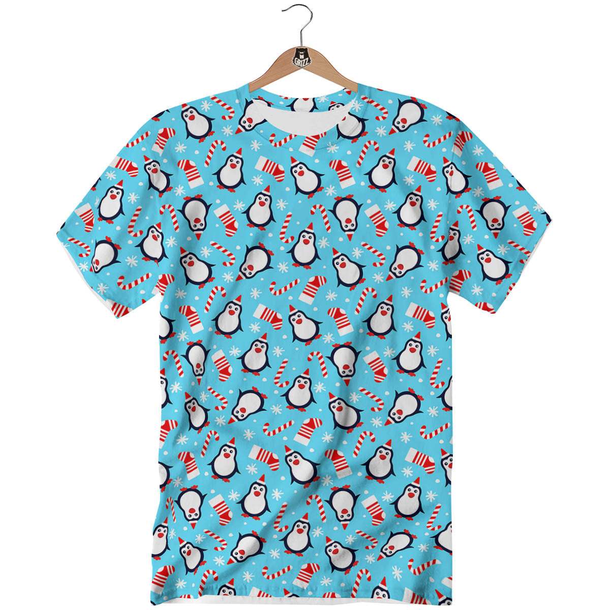 Penguin Christmas Santa Print Pattern T-Shirt-grizzshop