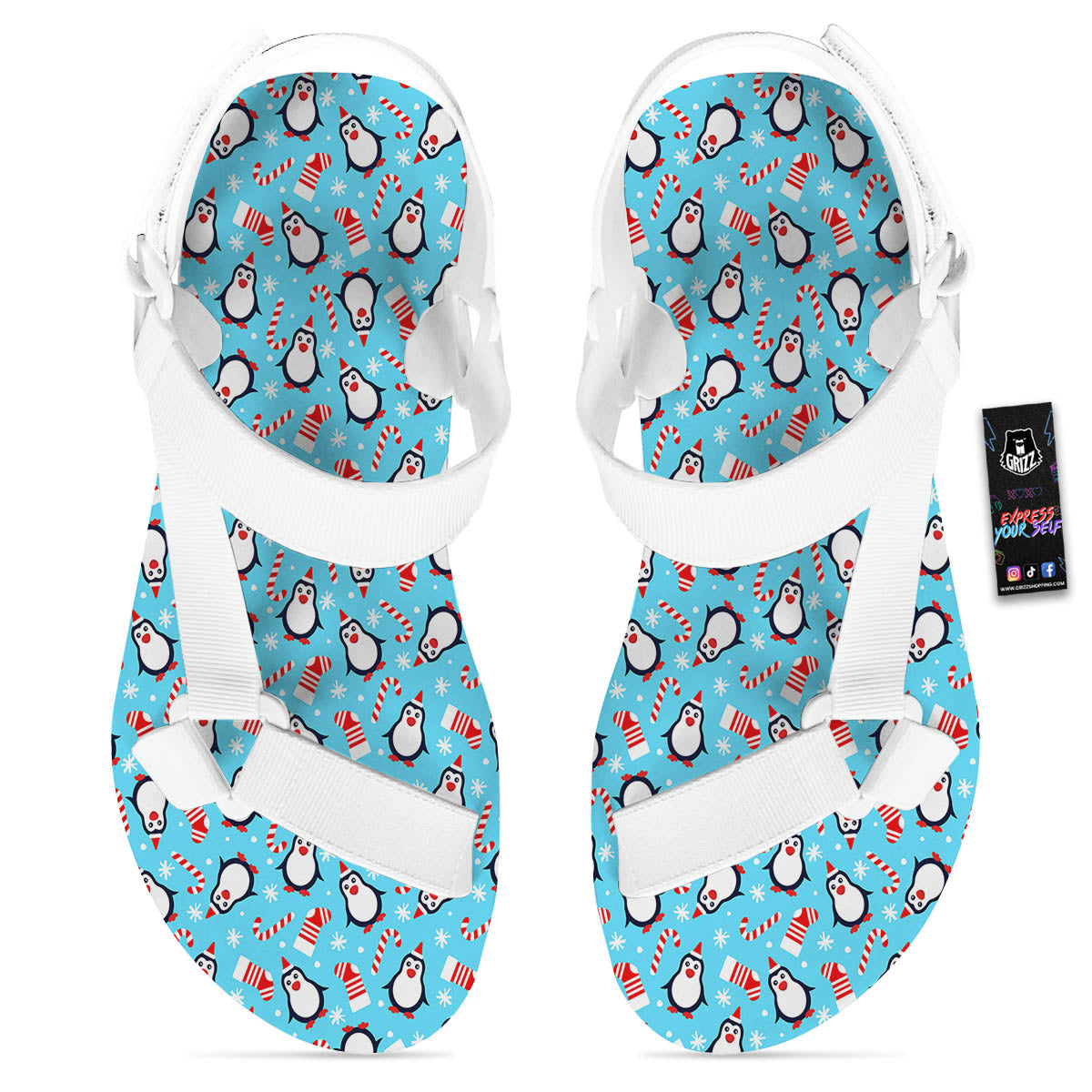 Penguin Christmas Santa Print Pattern White Open Toe Sandals-grizzshop