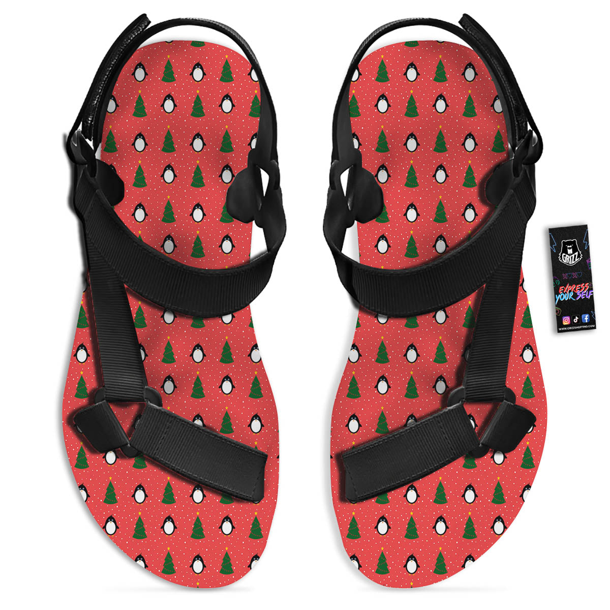 Penguin Christmas Snowy Print Pattern Black Open Toe Sandals-grizzshop