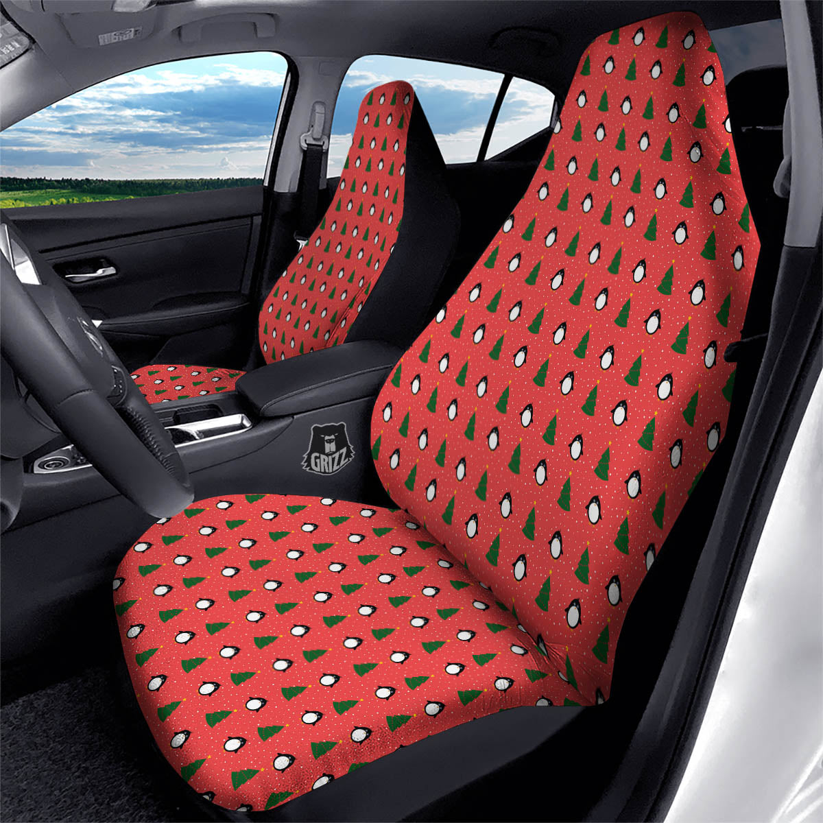 Penguin Christmas Snowy Print Pattern Car Seat Covers-grizzshop