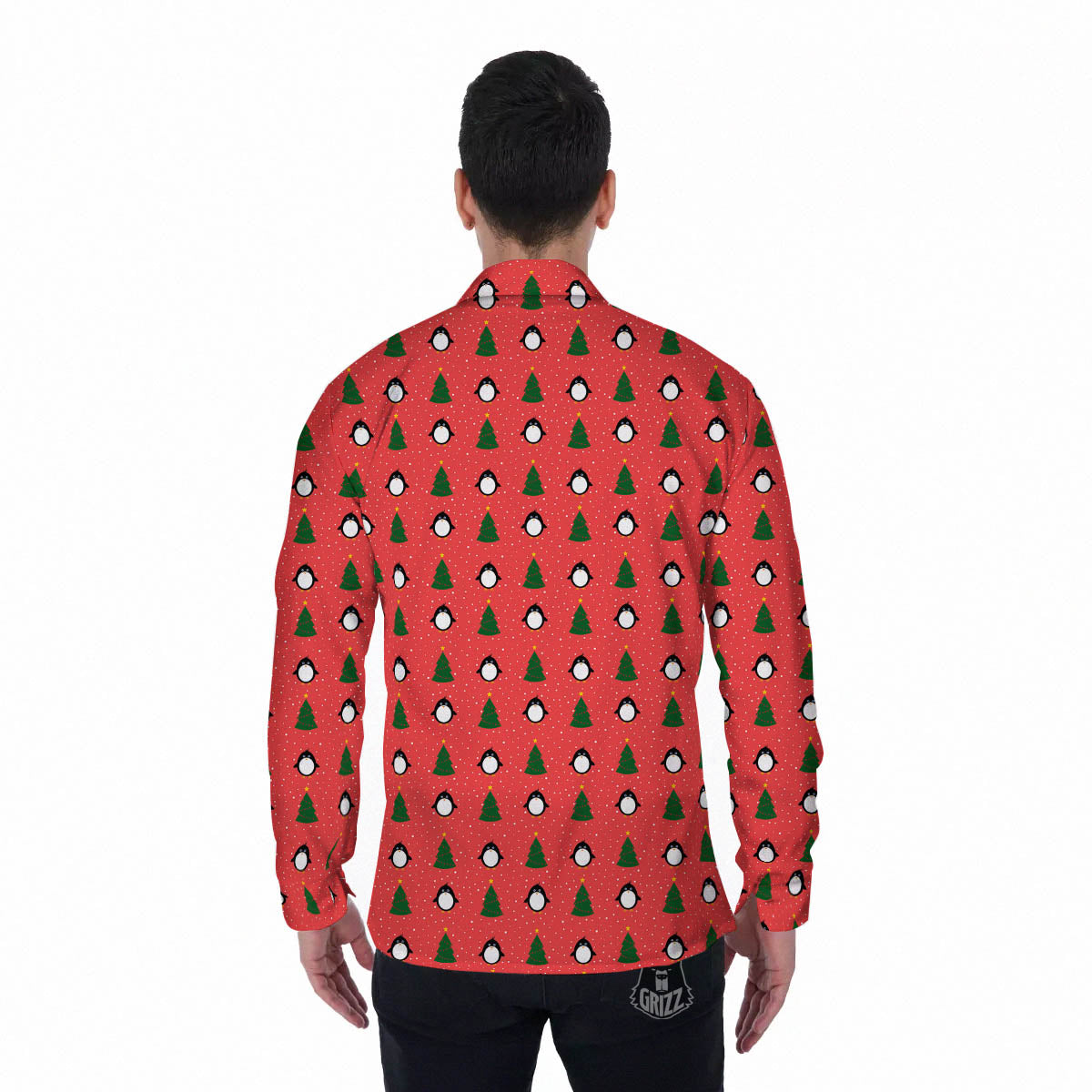 Penguin Christmas Snowy Print Pattern Men's Long Sleeve Shirts-grizzshop