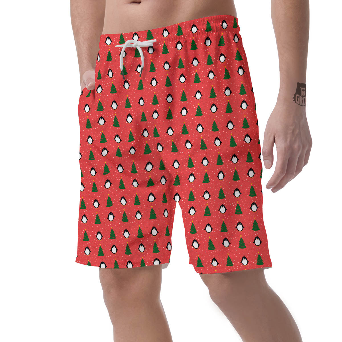 Penguin Christmas Snowy Print Pattern Men's Shorts-grizzshop