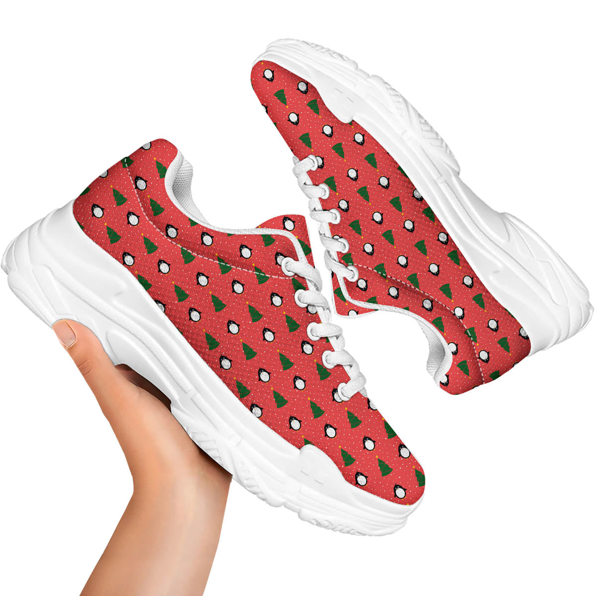 Penguin Christmas Snowy Print Pattern White Chunky Shoes-grizzshop