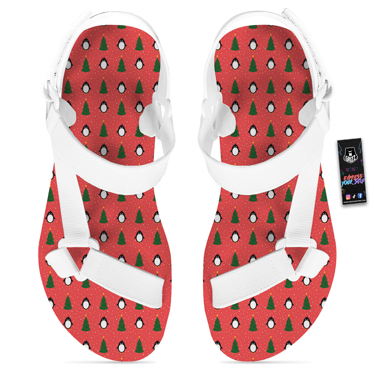 Penguin Christmas Snowy Print Pattern White Open Toe Sandals-grizzshop