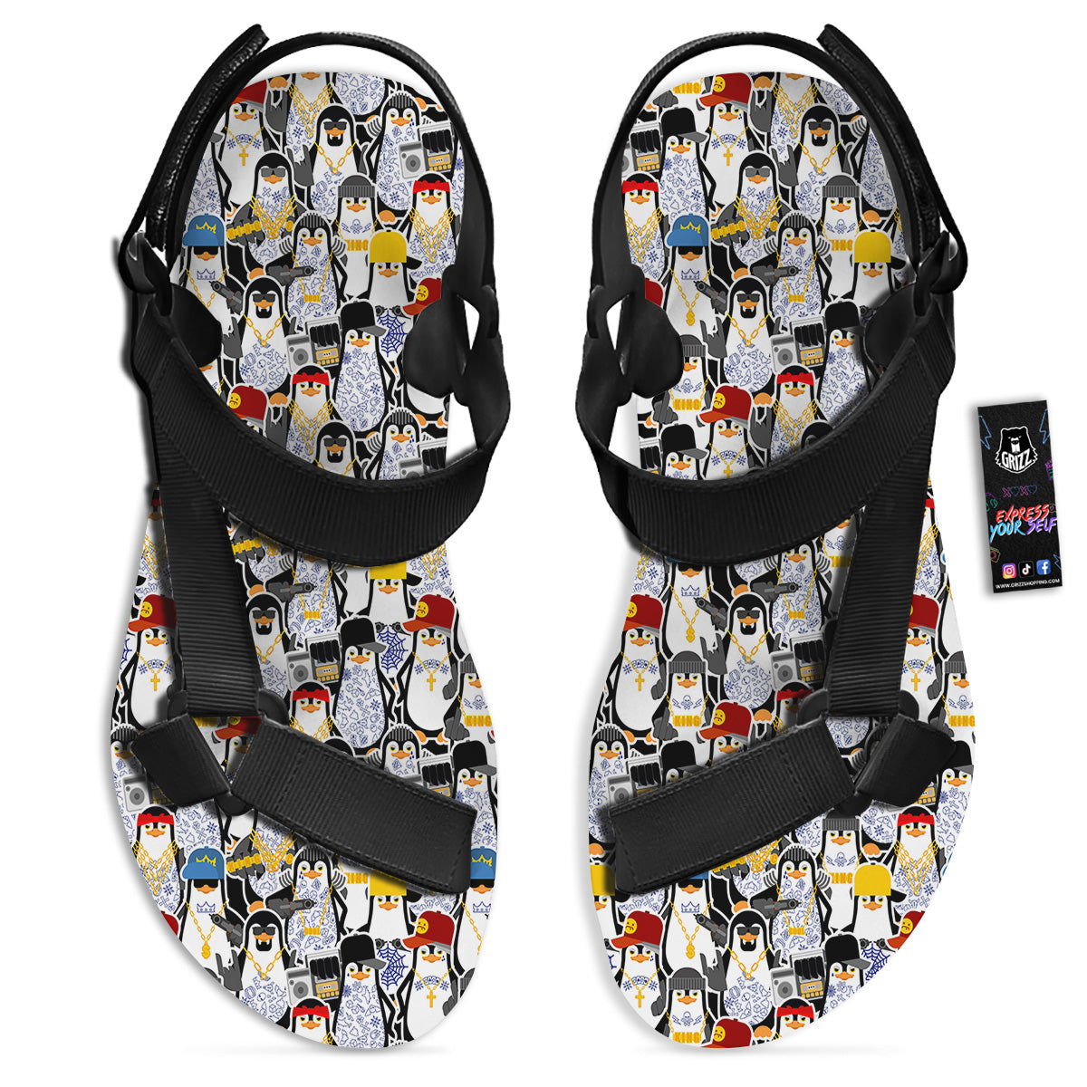 Penguin Criminal Print Pattern Black Open Toe Sandals-grizzshop