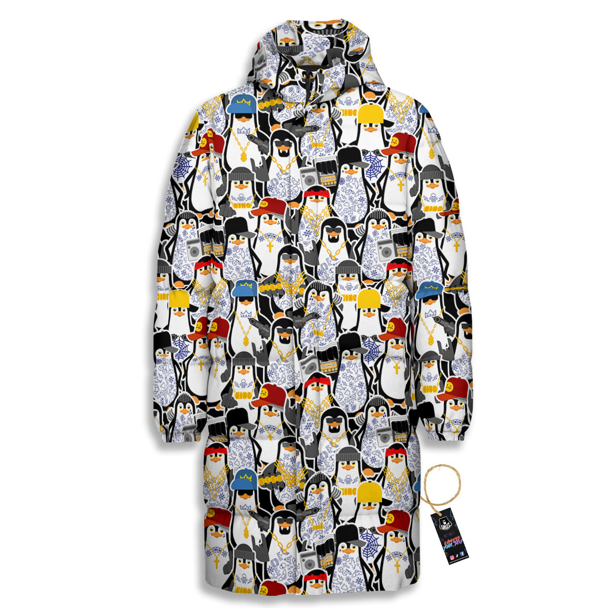 Penguin Criminal Print Pattern Long Down Jacket-grizzshop