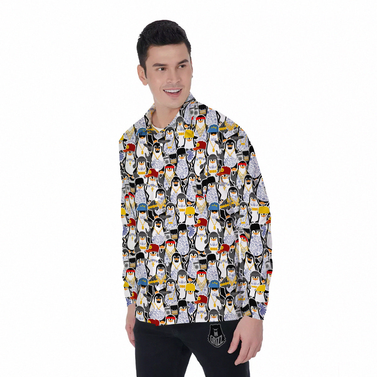 Penguin Criminal Print Pattern Men's Long Sleeve Shirts-grizzshop