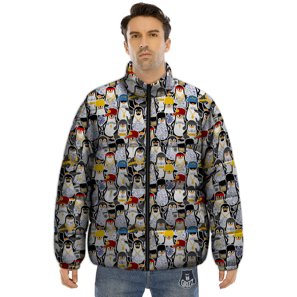 Penguin Criminal Print Pattern Puffer Jacket-grizzshop