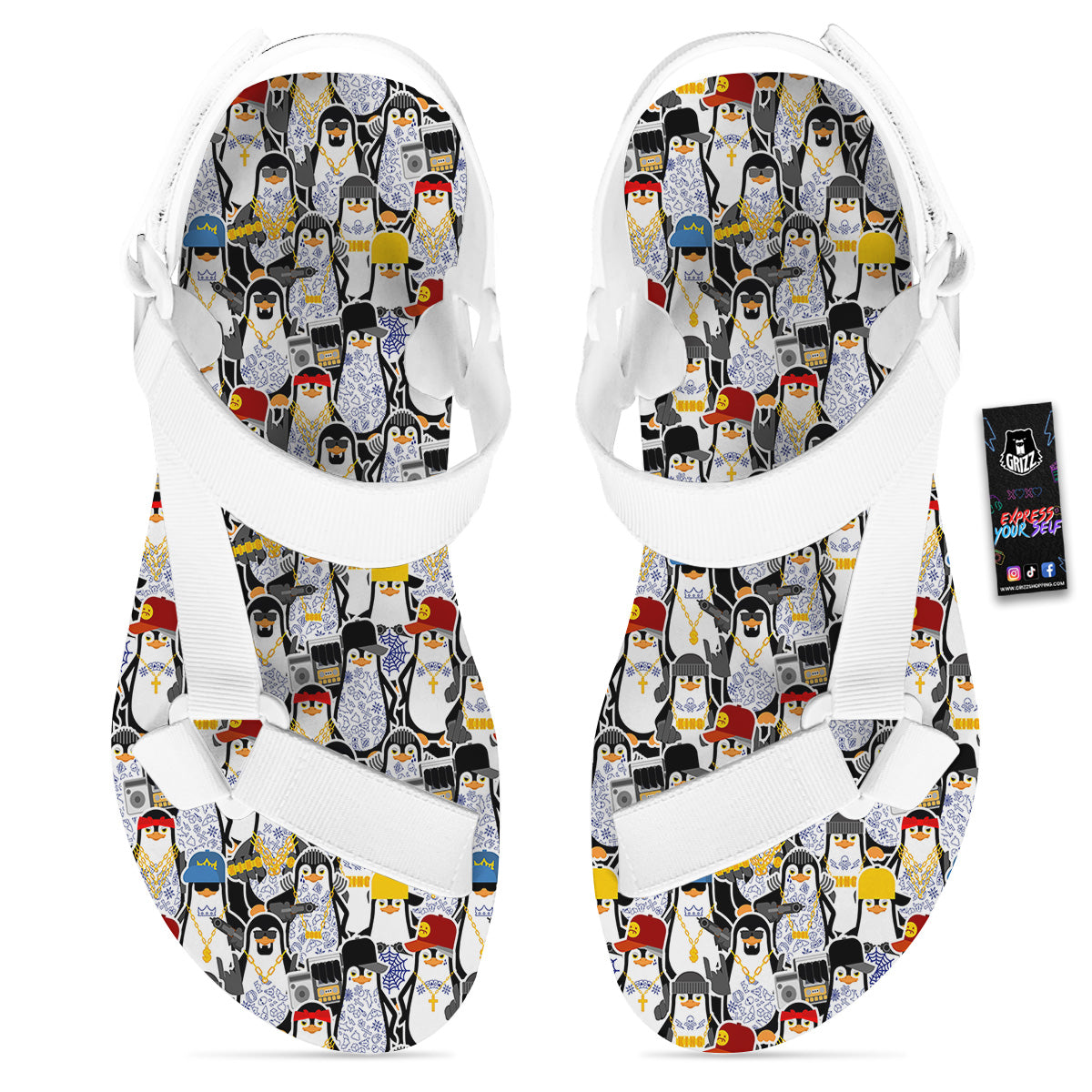Penguin Criminal Print Pattern White Open Toe Sandals-grizzshop