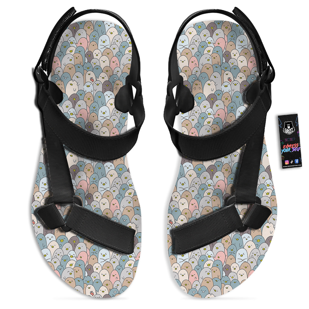 Penguin Cute Colorful Print Pattern Black Open Toe Sandals-grizzshop
