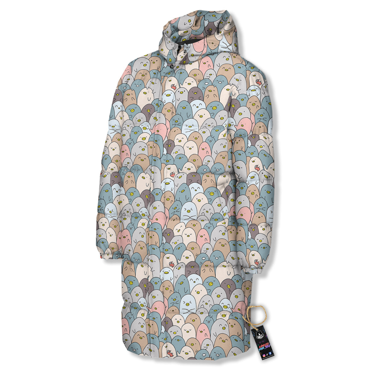 Penguin Cute Colorful Print Pattern Long Down Jacket-grizzshop