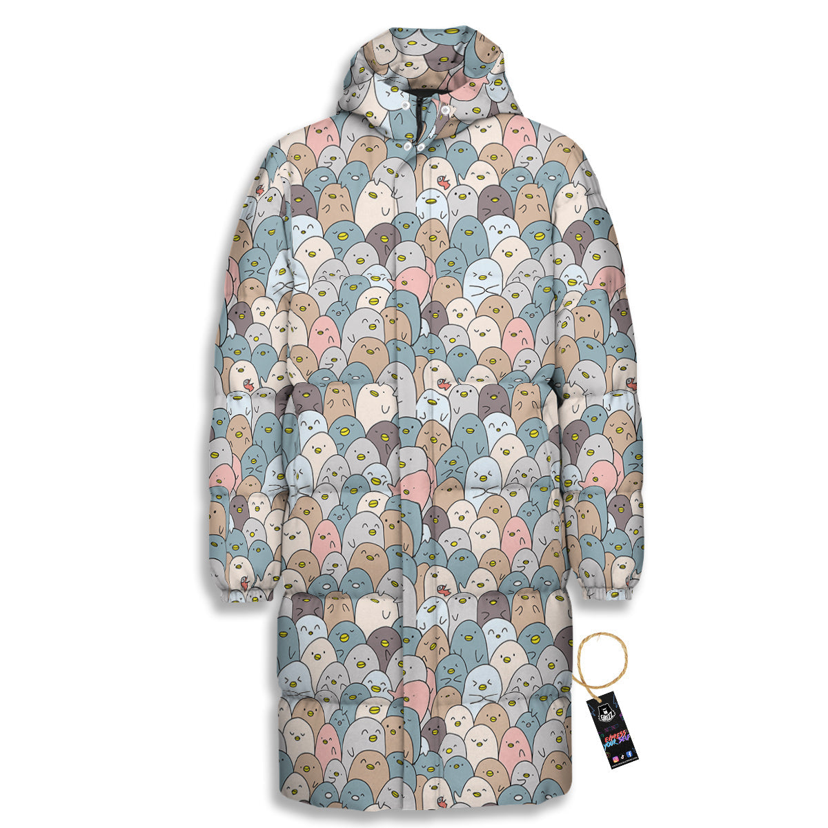 Penguin Cute Colorful Print Pattern Long Down Jacket-grizzshop