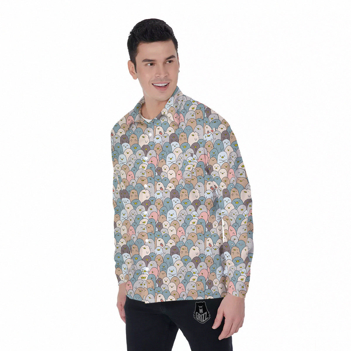 Penguin Cute Colorful Print Pattern Men's Long Sleeve Shirts-grizzshop