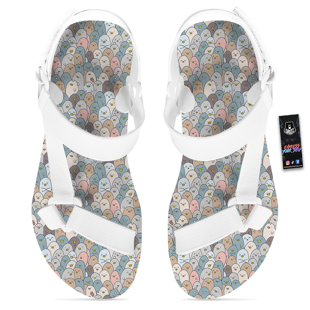 Penguin Cute Colorful Print Pattern White Open Toe Sandals-grizzshop