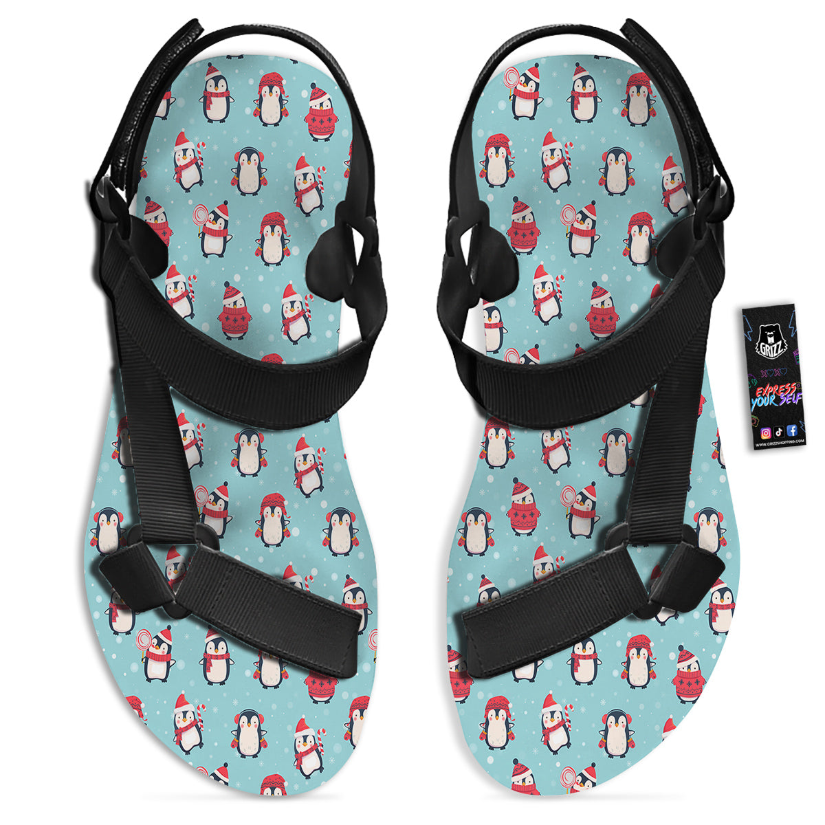 Penguin Cute Snowy Print Pattern Black Open Toe Sandals-grizzshop