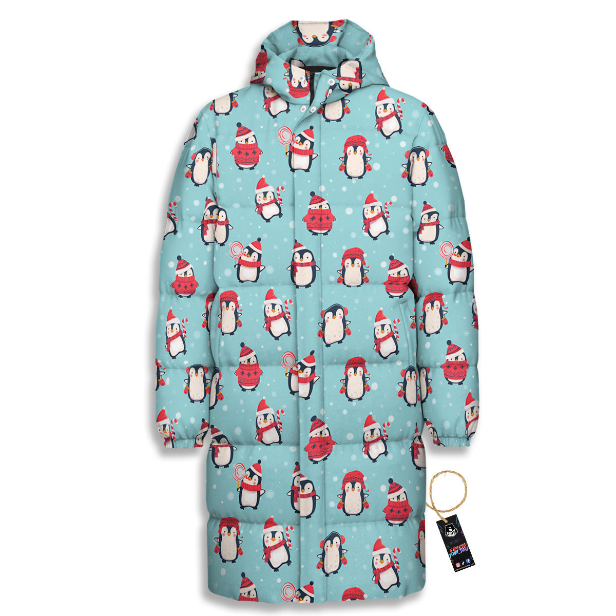 Penguin Cute Snowy Print Pattern Long Down Jacket-grizzshop