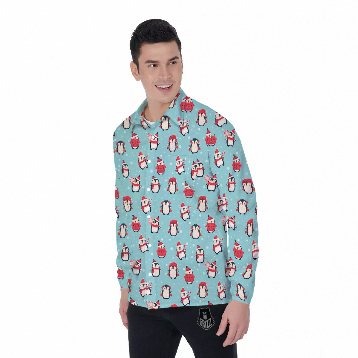 Penguin Cute Snowy Print Pattern Men's Long Sleeve Shirts-grizzshop