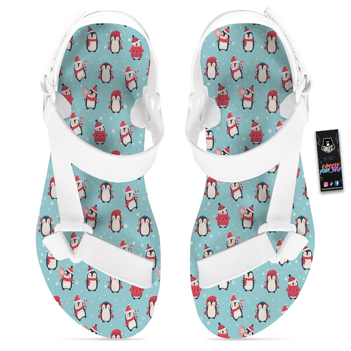 Penguin Cute Snowy Print Pattern White Open Toe Sandals-grizzshop