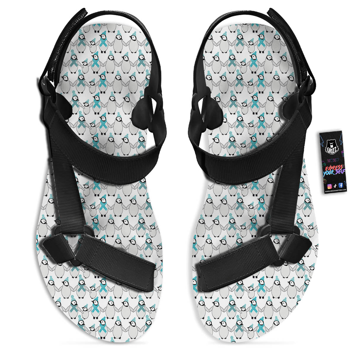 Penguin Emperor Cartoon Print Pattern Black Open Toe Sandals-grizzshop