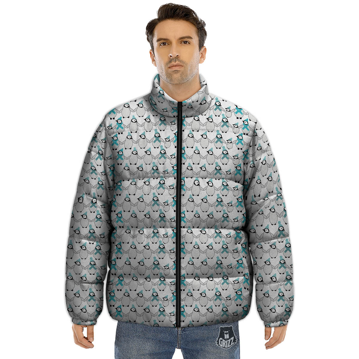 Penguin Emperor Cartoon Print Pattern Puffer Jacket-grizzshop