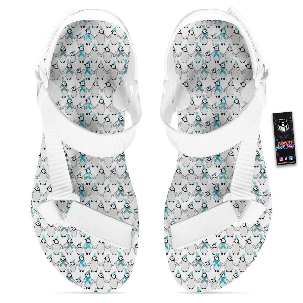 Penguin Emperor Cartoon Print Pattern White Open Toe Sandals-grizzshop