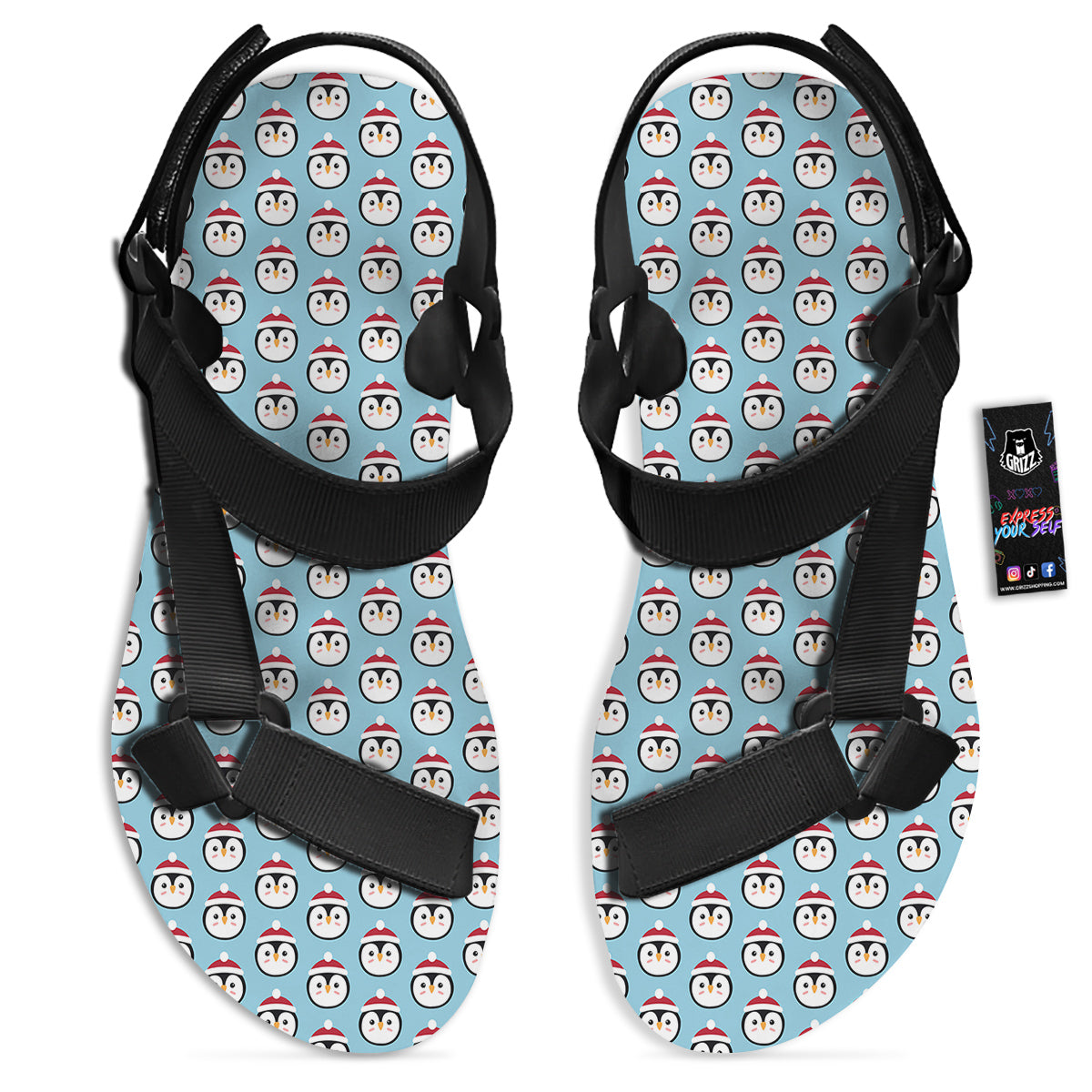 Penguin Face Cute Print Pattern Black Open Toe Sandals-grizzshop