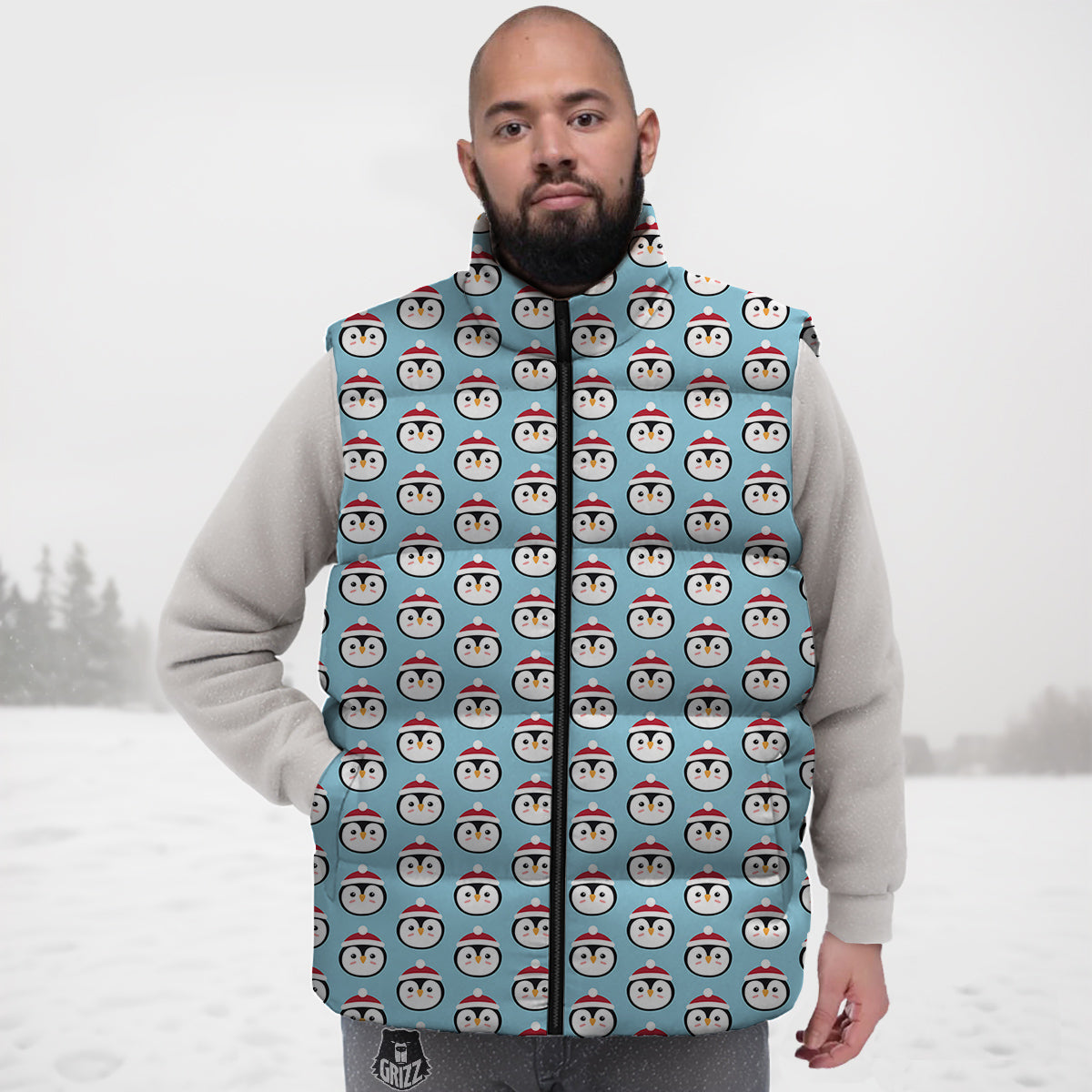 Penguin Face Cute Print Pattern Down Vest-grizzshop