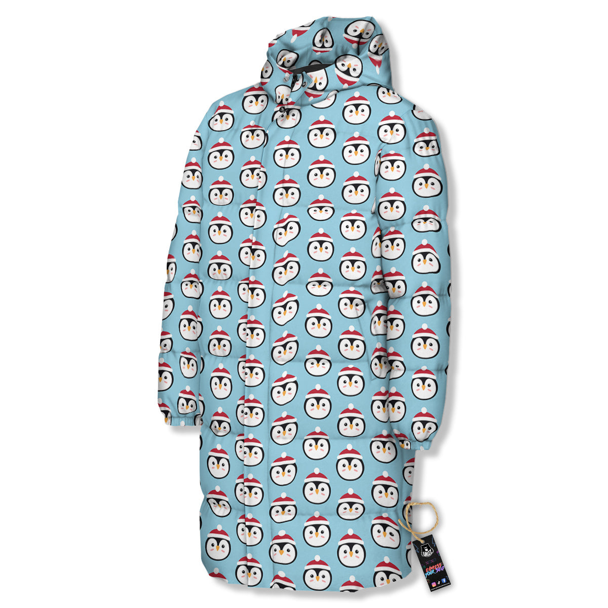 Penguin Face Cute Print Pattern Long Down Jacket-grizzshop