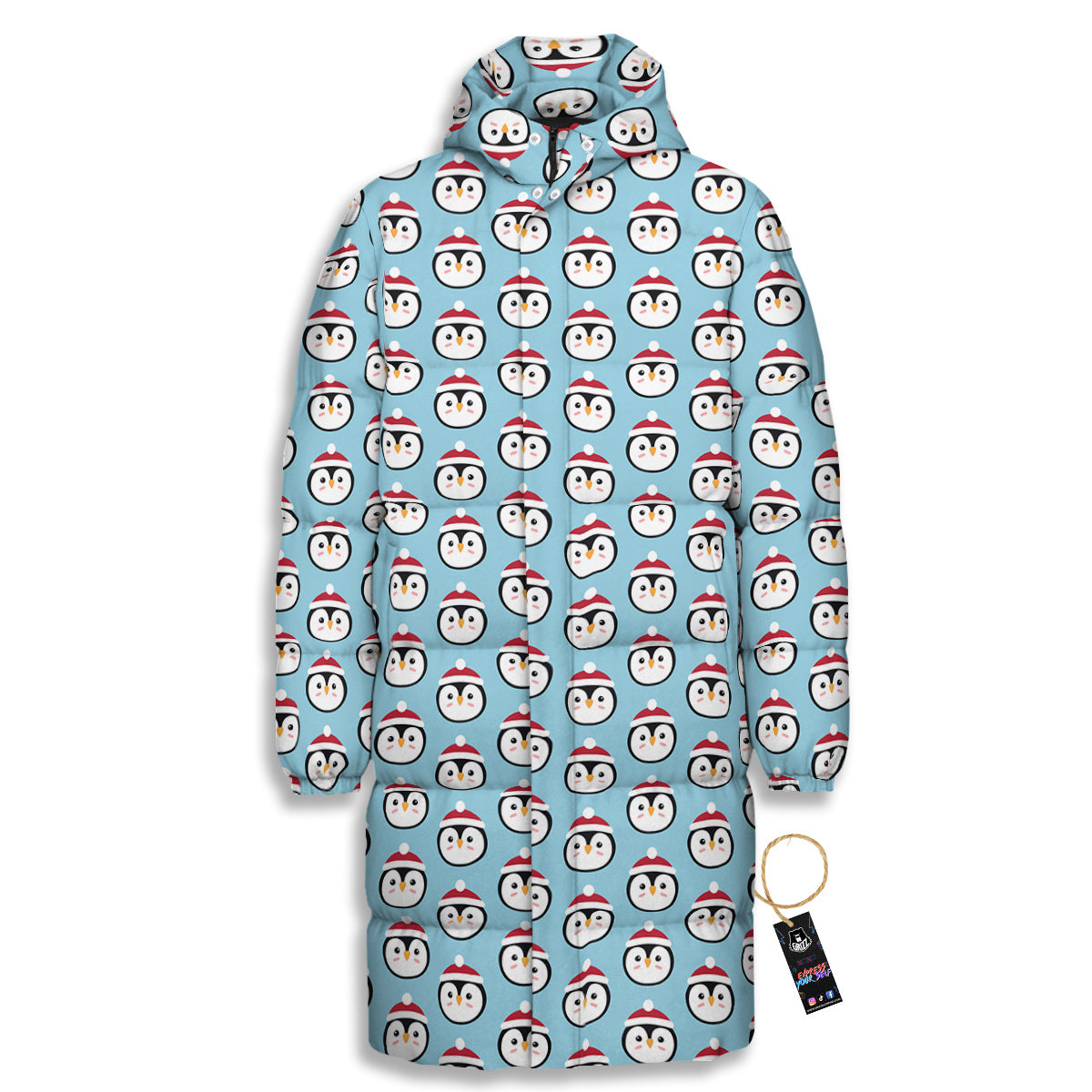Penguin Face Cute Print Pattern Long Down Jacket-grizzshop