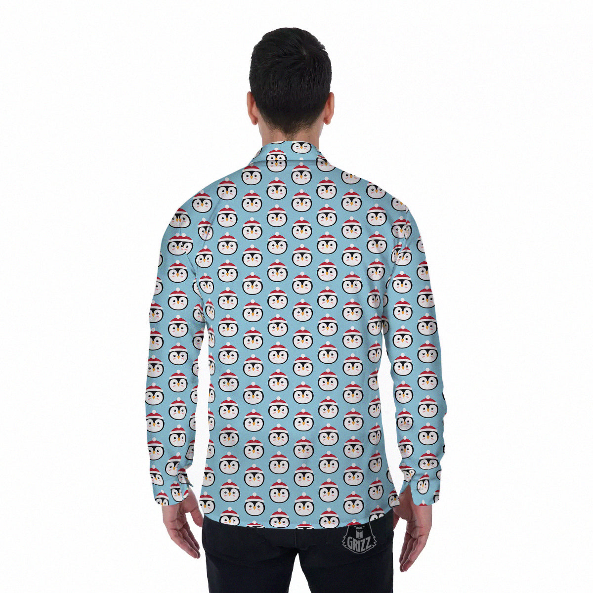 Penguin Face Cute Print Pattern Men's Long Sleeve Shirts-grizzshop