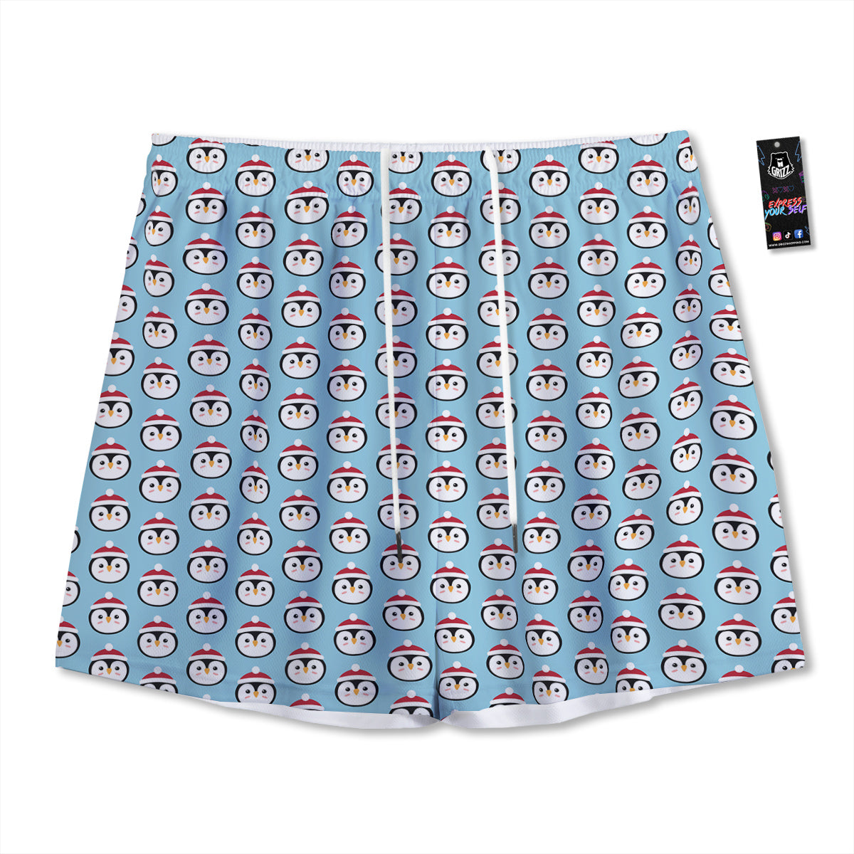 Penguin Face Cute Print Pattern Mesh Shorts-grizzshop