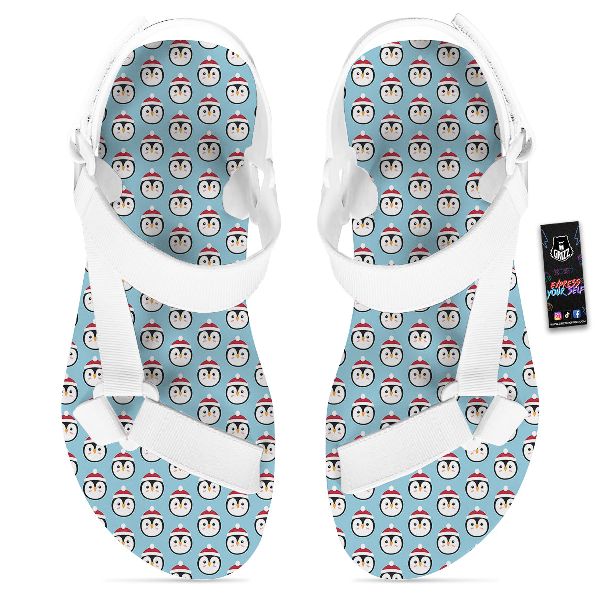 Penguin Face Cute Print Pattern White Open Toe Sandals-grizzshop