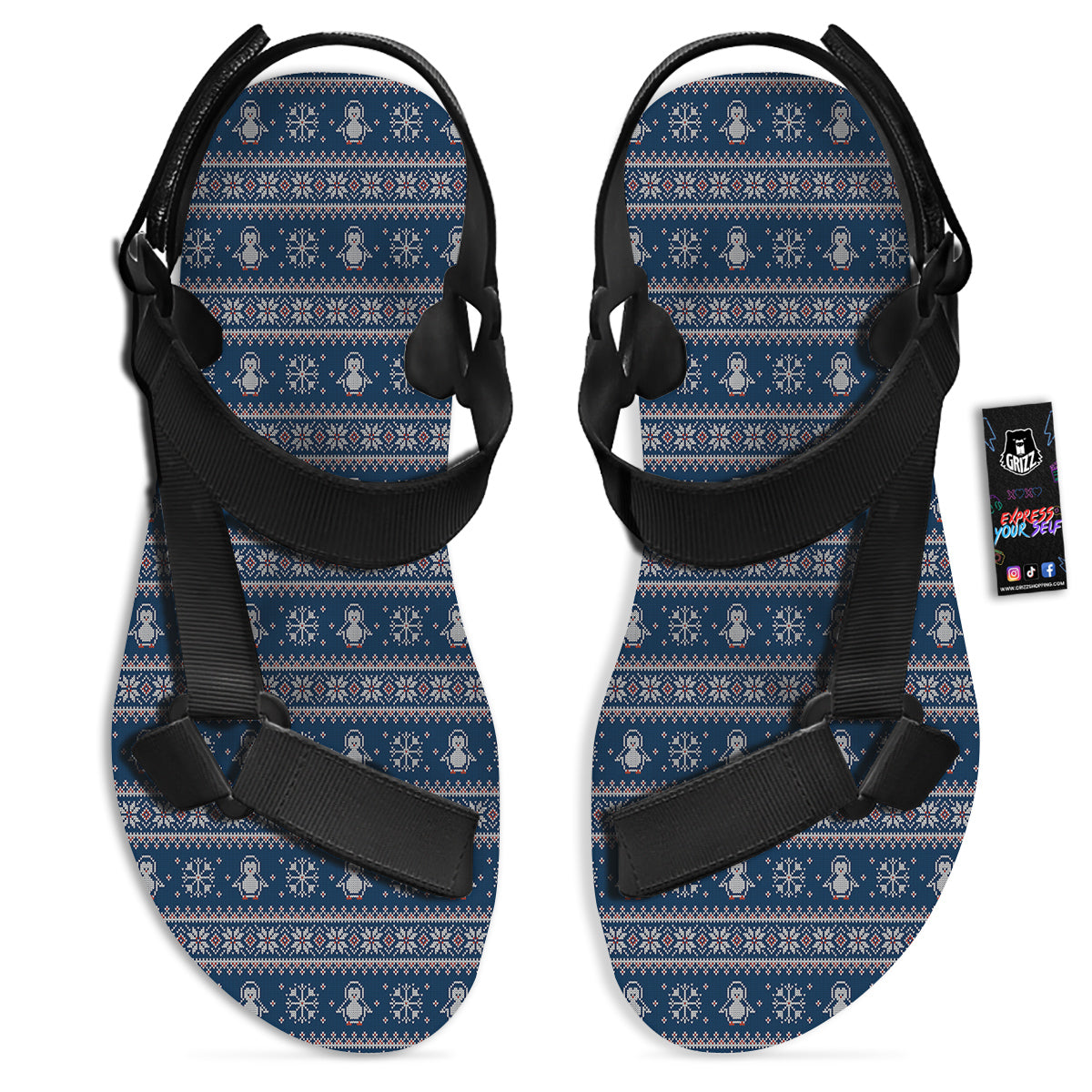 Penguin Knitted Christmas Print Black Open Toe Sandals-grizzshop