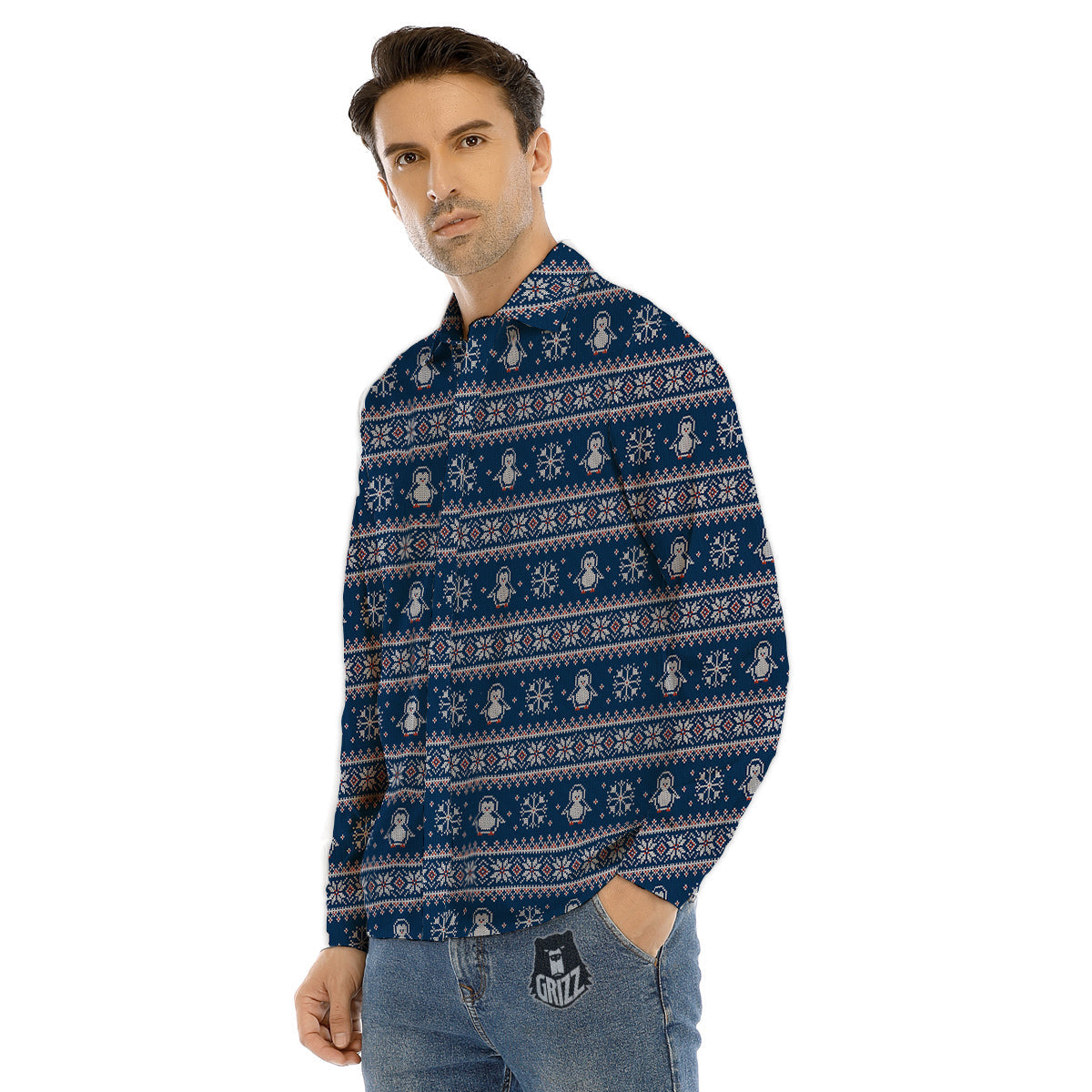 Penguin Knitted Christmas Print Men's Dress Shirts-grizzshop