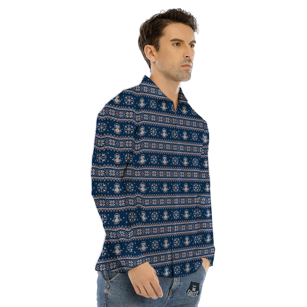 Penguin Knitted Christmas Print Men's Dress Shirts-grizzshop