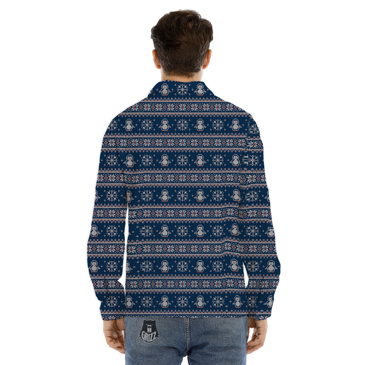 Penguin Knitted Christmas Print Men's Dress Shirts-grizzshop