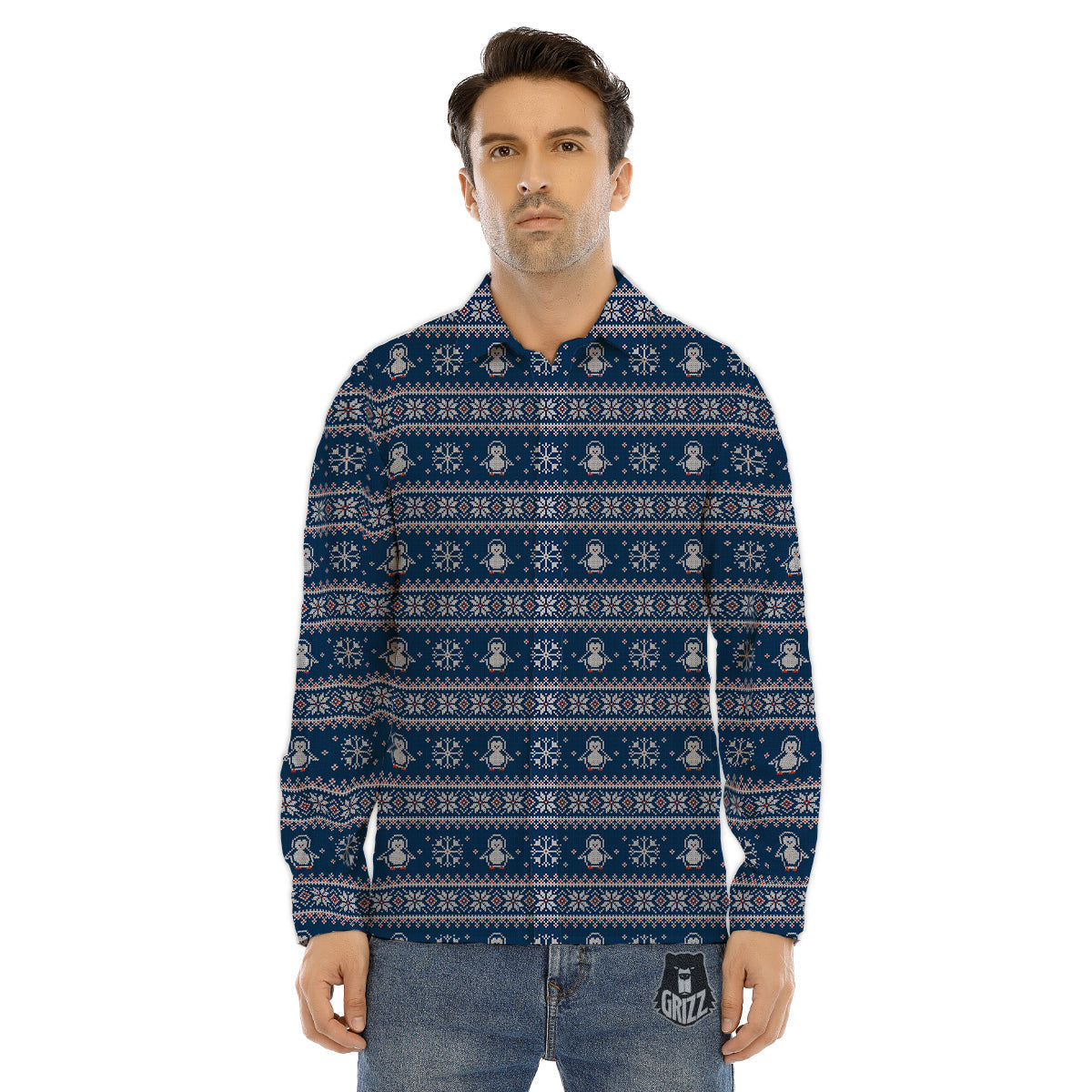 Penguin Knitted Christmas Print Men's Dress Shirts-grizzshop