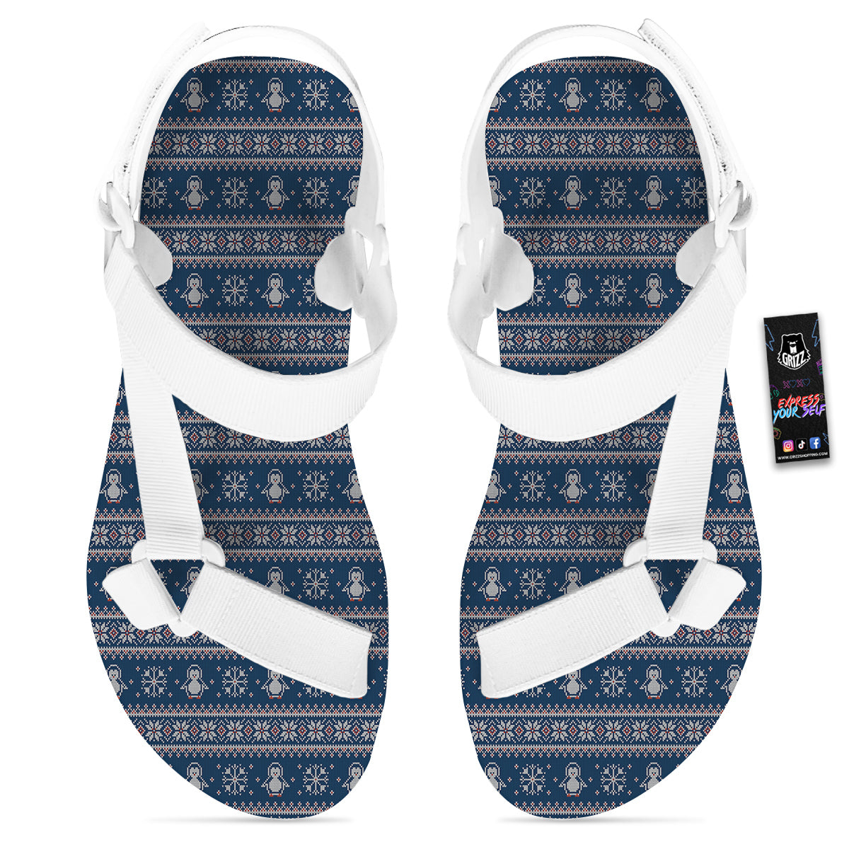 Penguin Knitted Christmas Print White Open Toe Sandals-grizzshop