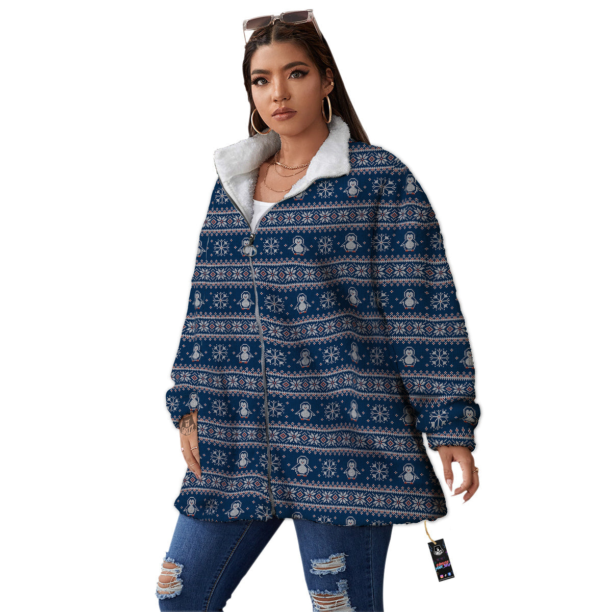 Penguin Knitted Christmas Print Women's Sherpa Jacket-grizzshop