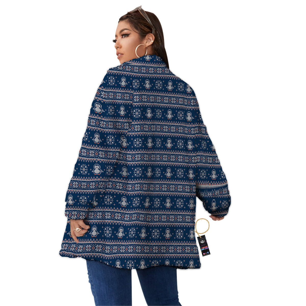Penguin Knitted Christmas Print Women's Sherpa Jacket-grizzshop