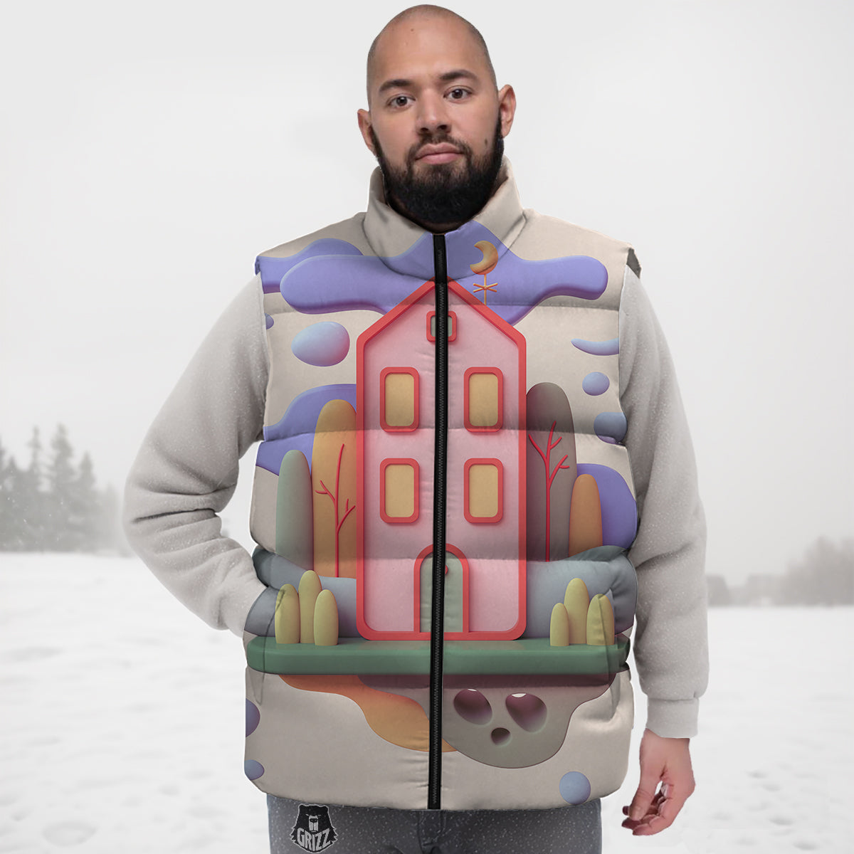 Penguin Pattern Print Down Vest-grizzshop