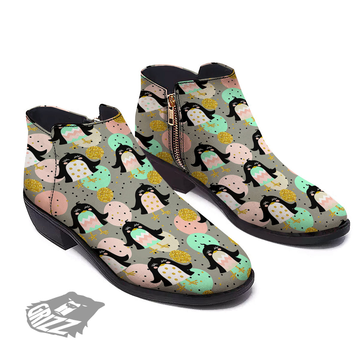 Penguin Pink Polka Print Pattern Ankle Boots-grizzshop