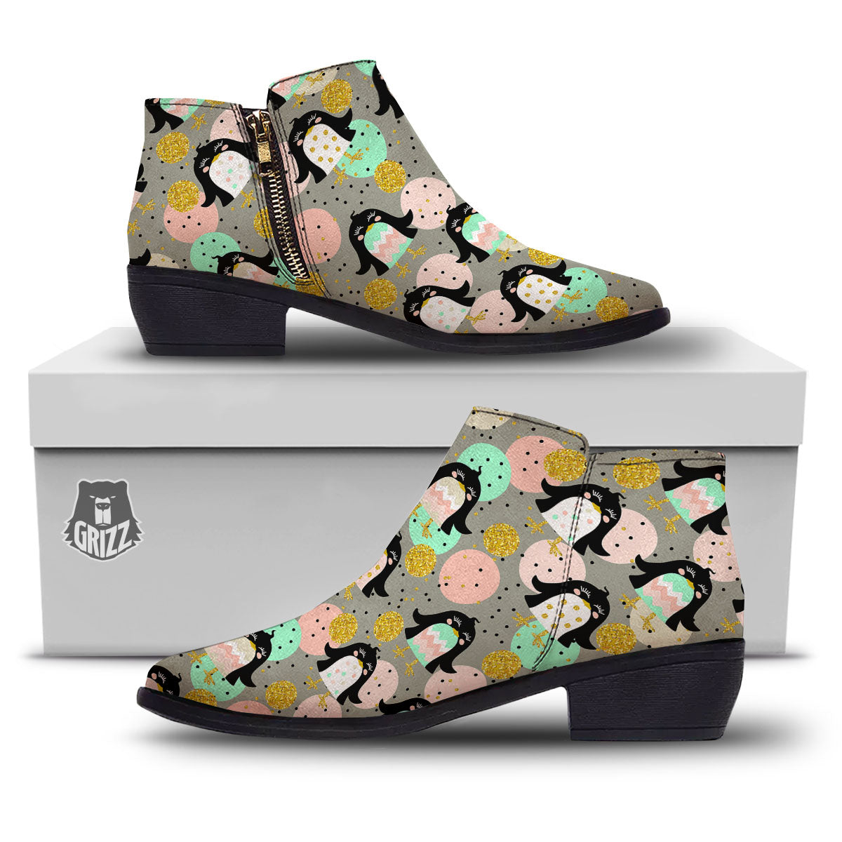 Penguin Pink Polka Print Pattern Ankle Boots-grizzshop